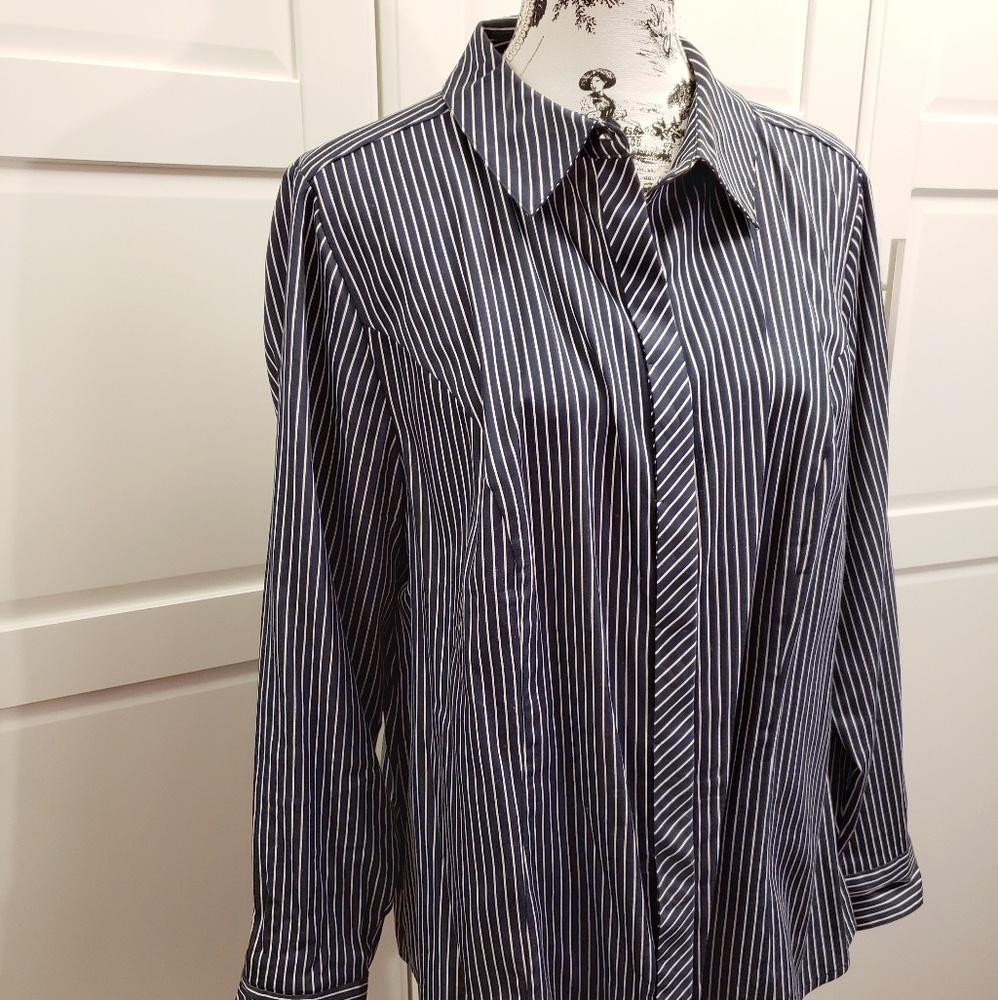 {Lane Bryant} Navy Blue Striped Button down Blouse